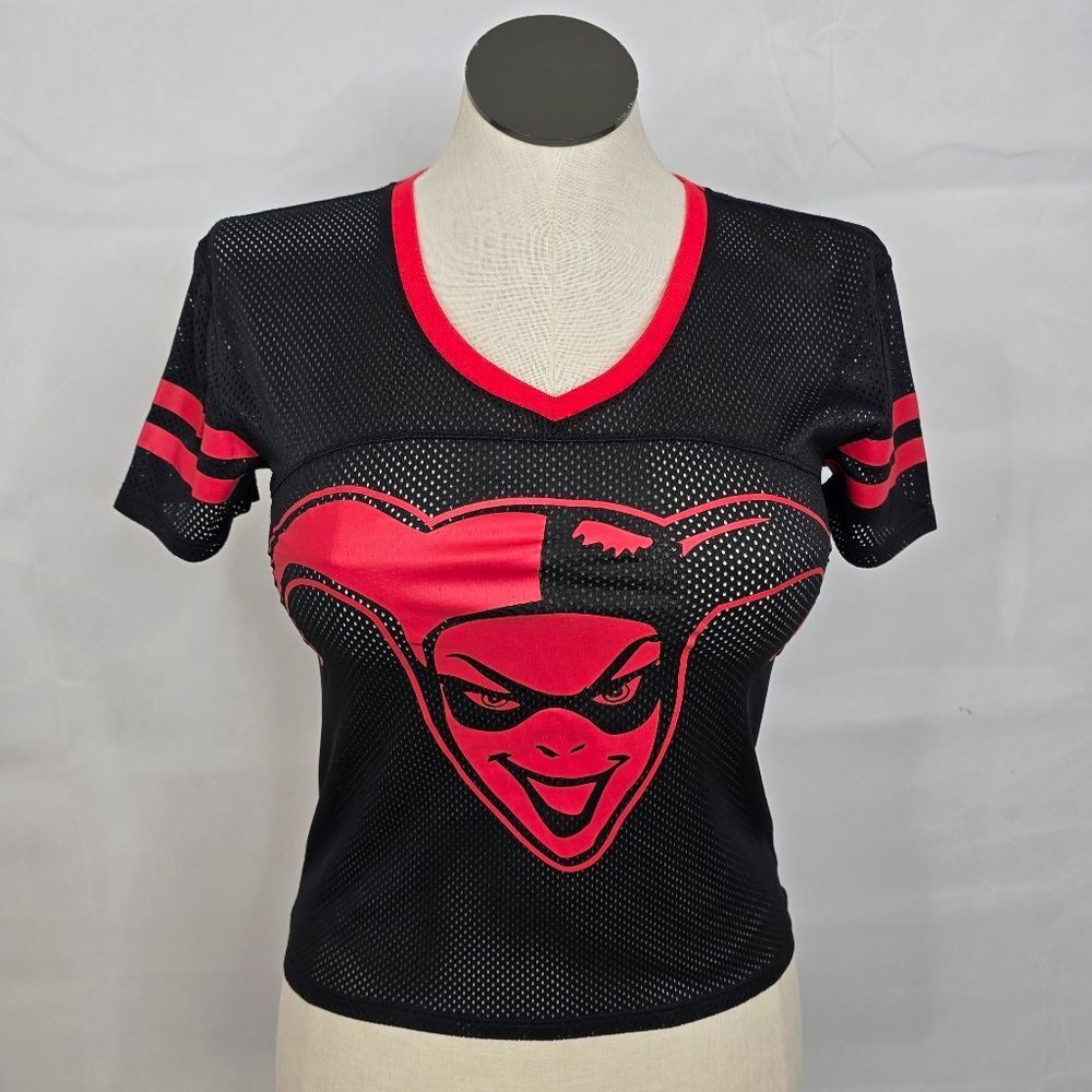 3/$25 DC Comics Harley Quinn Black Red Jersey Mesh Short Sleeve Shirt Sz S